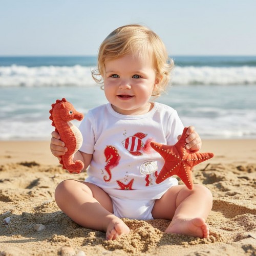 Tricou iDO pentru bebe fetițe din bumbac, cu imprimeu marin și aplicații decorative, 3.4761PV22ALB